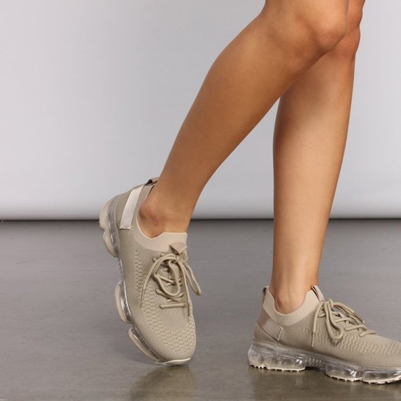 NEW🔥Dark Beige Stretch Knitted Transparent Cushion Air Bubble Sneakers Lace-Up - Picture 5 of 9